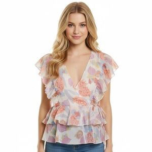 NWT Ted Baker Rowan Floral Frill Detail Top with Tie Detail